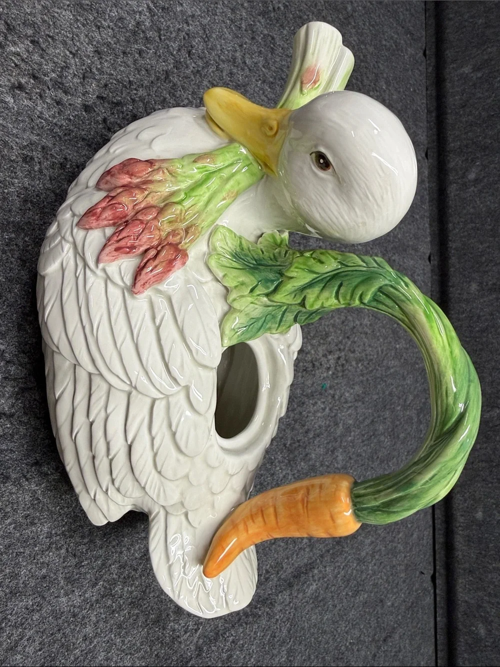 Fitz and Floyd White Duck tea pot with Green Handle and Orange Carrot Accent